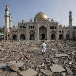 In the aftermath of the tsunami, amongst the city debris, people are visibly injured and in distress, shedding tears, with the resilient mosque still standing untouched.