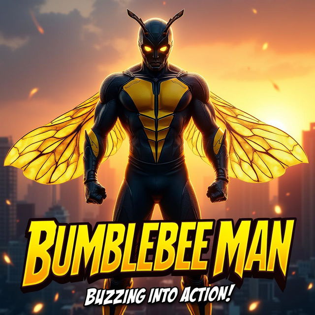 A dynamic Marvel-inspired superhero movie poster featuring a new hero named 'Bumblebee Man'