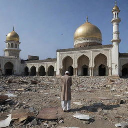 In the aftermath of the tsunami, amongst the city debris, people are visibly injured and in distress, shedding tears, with the resilient mosque still standing untouched.