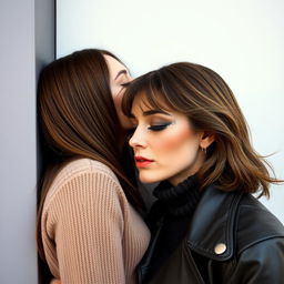 Two women kissing behind a wall