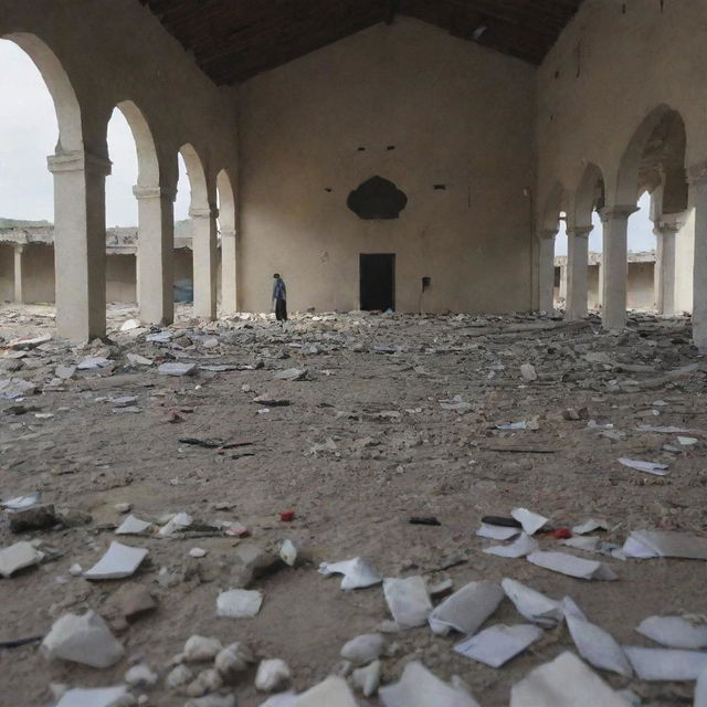 In the aftermath of the tsunami, amongst the city debris, people are visibly injured and in distress, shedding tears, with the resilient mosque still standing untouched.