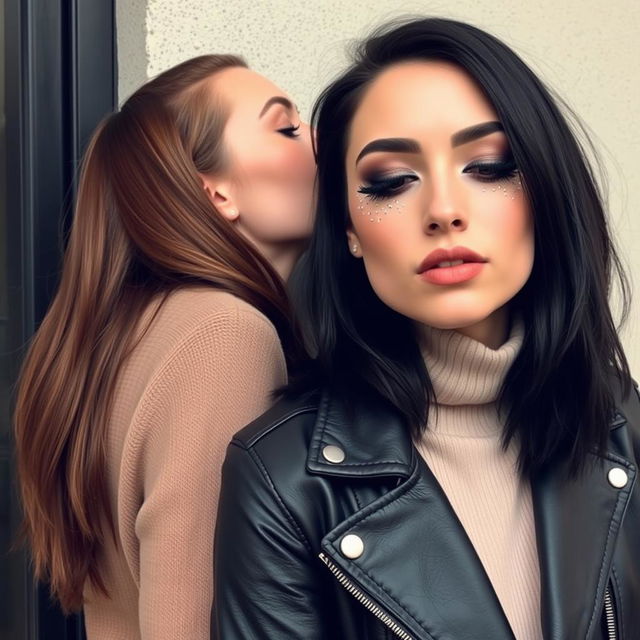 Two women kissing behind a wall