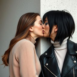 Two women kissing behind a wall