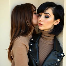 Two women kissing behind a wall