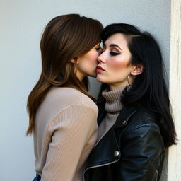 Two women kissing behind a wall