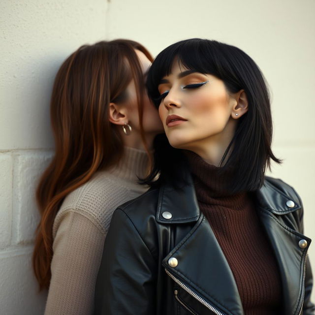 Two women kissing behind a wall