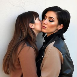 Two women kissing behind a wall