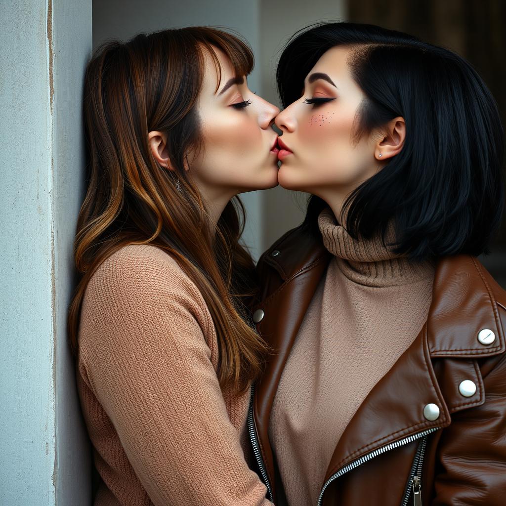 Two women kissing on the lips behind a wall