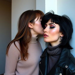 Two women kissing on the lips behind a wall