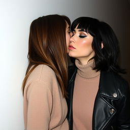 Two women kissing on the lips behind a wall