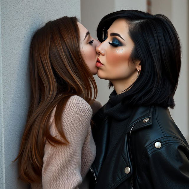 Two women kissing on the lips behind a wall