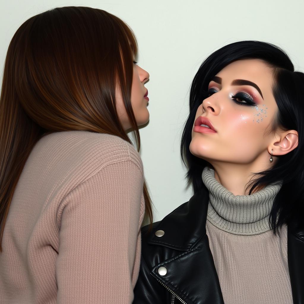 Two women kissing on the lips behind a wall