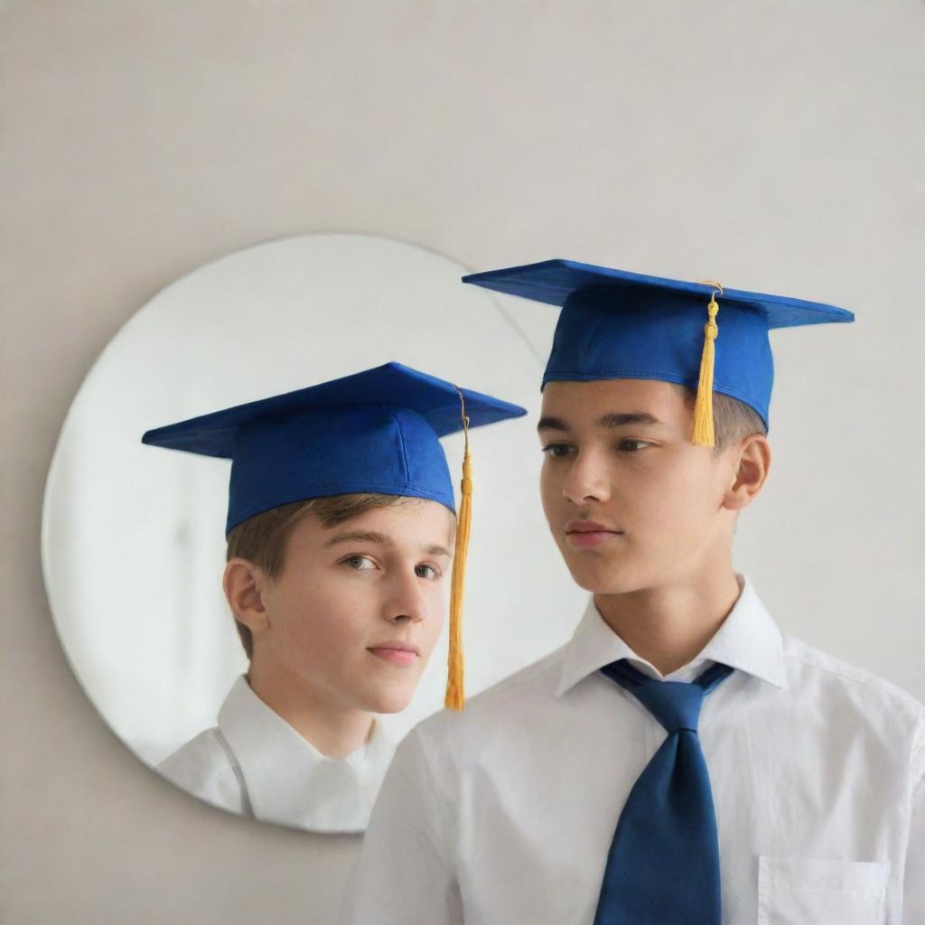 A teenager observing himself in the mirror, the reflection revealing pictorial representation of his future aspirations such as wearing a graduation cap, embarking on a professional journey, and traveling the world, all paired with the bold slogan 'See Your Future Clearly Before Becoming a Parent'.