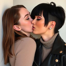 Two women kissing on the lips behind a wall