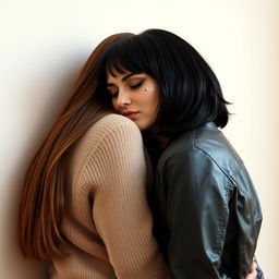 Two women kissing on the lips behind a wall