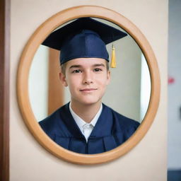 A teenager observing himself in the mirror, the reflection revealing pictorial representation of his future aspirations such as wearing a graduation cap, embarking on a professional journey, and traveling the world, all paired with the bold slogan 'See Your Future Clearly Before Becoming a Parent'.