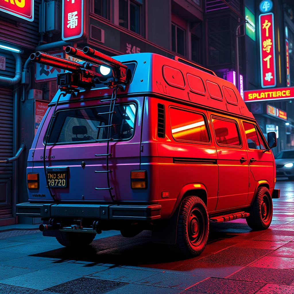 A rugged 1984 Volkswagen Vanagon in bold red and blue colors featuring reinforced plating, captured from a rear side view