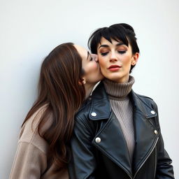 Two women kissing on the lips behind a wall