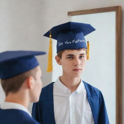 A teenager observing himself in the mirror, the reflection revealing pictorial representation of his future aspirations such as wearing a graduation cap, embarking on a professional journey, and traveling the world, all paired with the bold slogan 'See Your Future Clearly Before Becoming a Parent'.