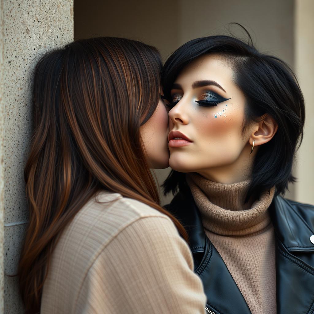 Two women kissing on the lips behind a wall