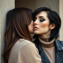 Two women kissing on the lips behind a wall