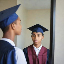 A teenager observing himself in the mirror, the reflection revealing pictorial representation of his future aspirations such as wearing a graduation cap, embarking on a professional journey, and traveling the world, all paired with the bold slogan 'See Your Future Clearly Before Becoming a Parent'.