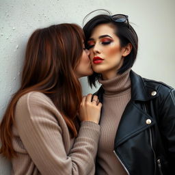 Two women kissing on the lips behind a wall