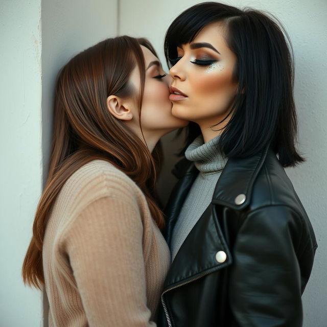 Two women kissing on the lips behind a wall