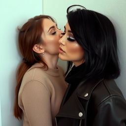 Two women kissing on the lips behind a wall