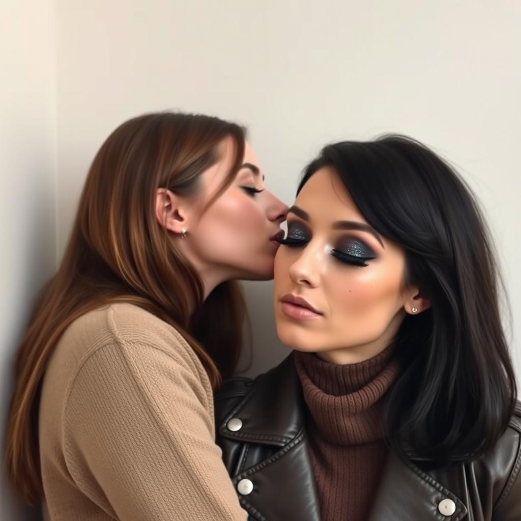 Two women kissing on the lips behind a wall