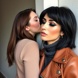 Two women kissing on the lips behind a wall