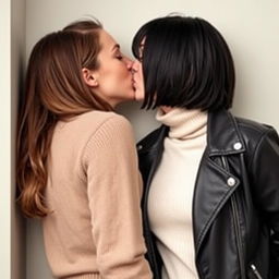 Two women kissing each other passionately behind a wall