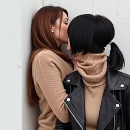 Two women kissing each other passionately behind a wall