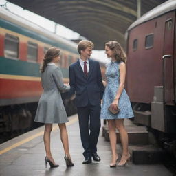 A beautifully dressed girl wearing high heels meeting a boy at a bustling railway station, with an intricate staircase nearby.