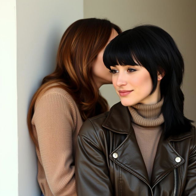 Two women kissing each other tenderly behind a wall