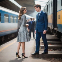 A beautifully dressed girl wearing high heels meeting a boy at a bustling railway station, with an intricate staircase nearby.