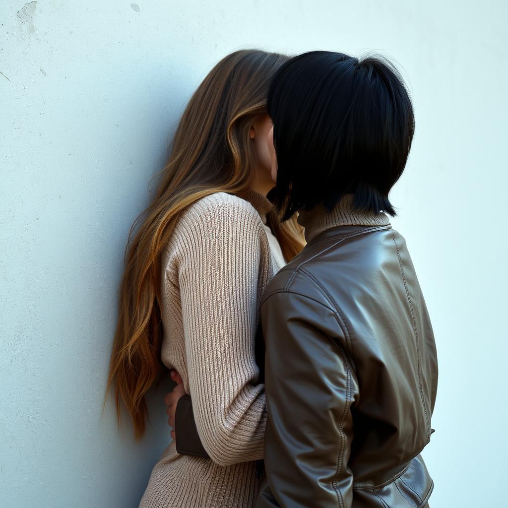 Two women kissing passionately behind a wall