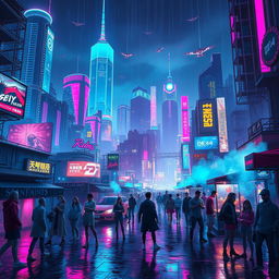 A stunning digital illustration for a video game cover featuring a vibrant cyberpunk cityscape at night