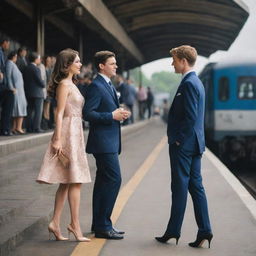 A beautifully dressed girl wearing high heels meeting a boy at a bustling railway station, with an intricate staircase nearby.