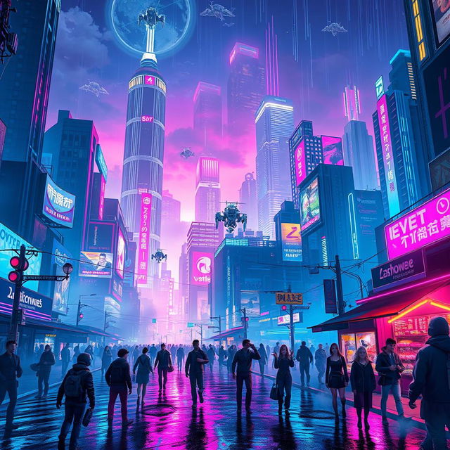 A stunning digital illustration for a video game cover featuring a vibrant cyberpunk cityscape at night