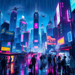 A stunning digital illustration for a video game cover featuring a vibrant cyberpunk cityscape at night