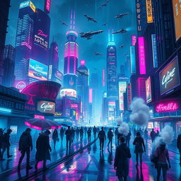 A stunning digital illustration for a video game cover featuring a vibrant cyberpunk cityscape at night