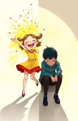 A vibrant cover art illustrating a joyous girl radiating happiness as she playfully throws sparkles or confetti towards a boy, who is positioned on the opposite side, appearing withdrawn and conflicted