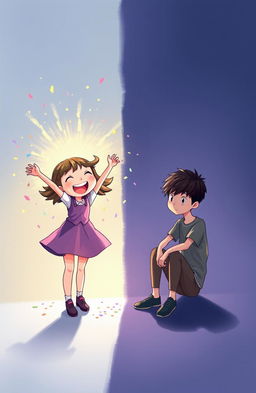 A vibrant cover art illustrating a joyous girl radiating happiness as she playfully throws sparkles or confetti towards a boy, who is positioned on the opposite side, appearing withdrawn and conflicted