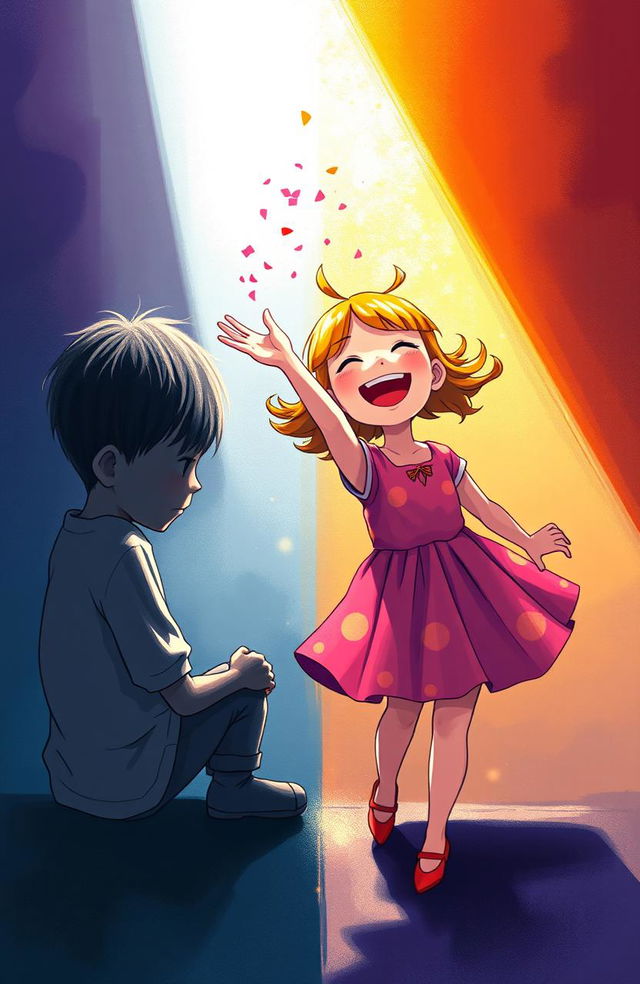 A vibrant cover art illustrating a joyous girl radiating happiness as she playfully throws sparkles or confetti towards a boy, who is positioned on the opposite side, appearing withdrawn and conflicted