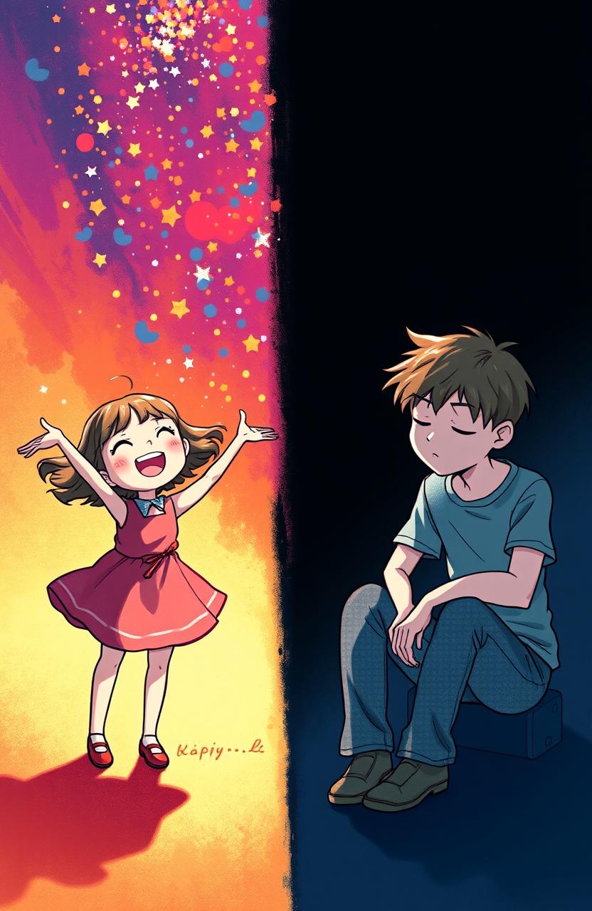 A vibrant cover art illustrating a joyous girl radiating happiness as she playfully throws sparkles or confetti towards a boy, who is positioned on the opposite side, appearing withdrawn and conflicted