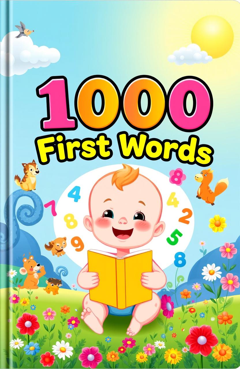 A beautifully illustrated children's book cover, titled '100 First Words', showcasing a colorful, whimsical fantasy landscape filled with playful animals and vibrant flowers