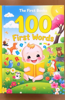 A beautifully illustrated children's book cover, titled '100 First Words', showcasing a colorful, whimsical fantasy landscape filled with playful animals and vibrant flowers