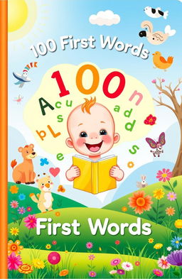 A beautifully illustrated children's book cover, titled '100 First Words', showcasing a colorful, whimsical fantasy landscape filled with playful animals and vibrant flowers