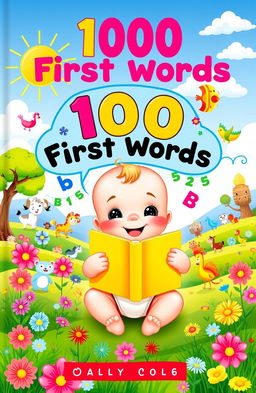 A beautifully illustrated children's book cover, titled '100 First Words', showcasing a colorful, whimsical fantasy landscape filled with playful animals and vibrant flowers